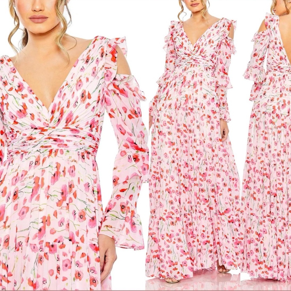 Mac Duggal 55906 Pink Floral Chiffon Gown Sz 8 NWT Formal Wedding Guest Maxi